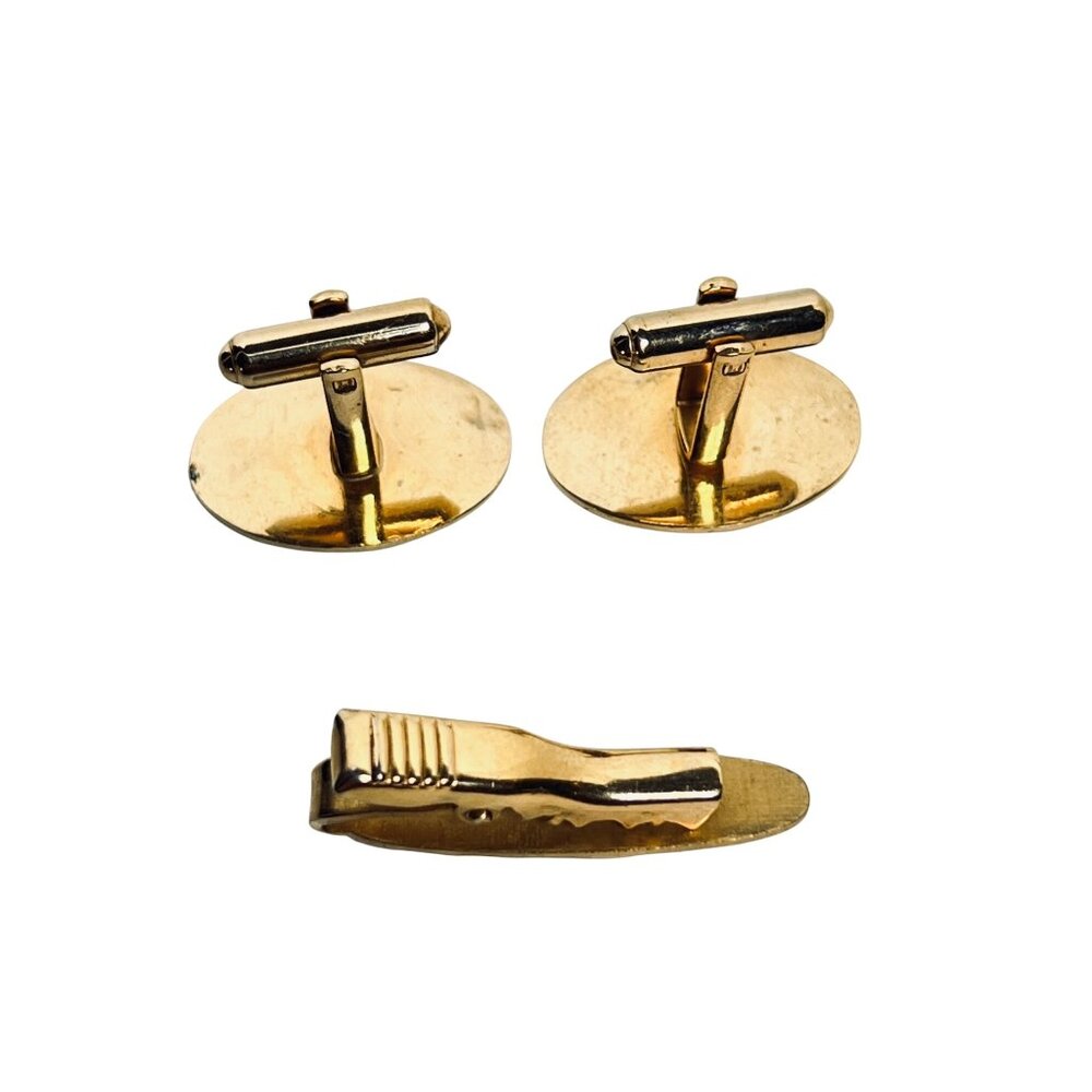 Gold Tone Oval Cufflinks And Tie Bar Set W/ Elegant Etched Border Design (1983) - Picture 4 of 4